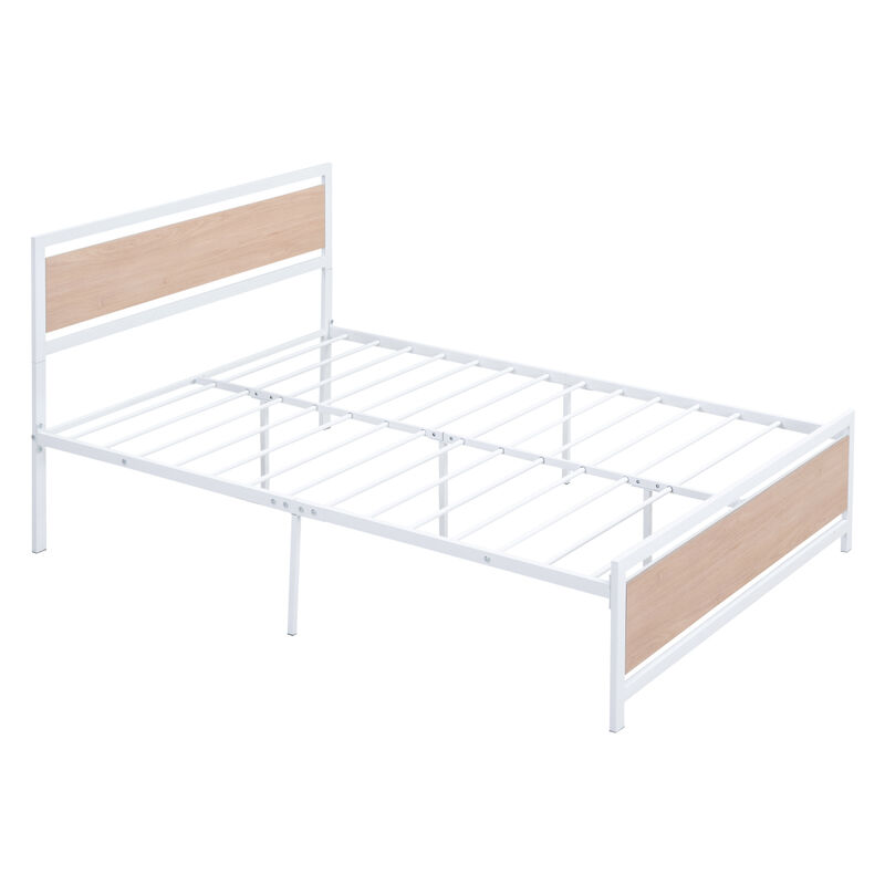 Full Size Platform Bed, Metal and Wood Bed Frame with Headboard and Footboard, White