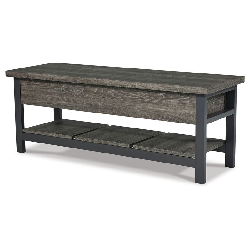 Ciara Storage Bench, Gray Engineered Wood, Black Solid Wood Legs, 48 Inch - Benzara