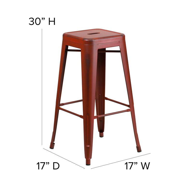 Flash Furniture Kai Commercial Grade 30" High Backless Distressed Kelly Red Metal Indoor-Outdoor Barstool