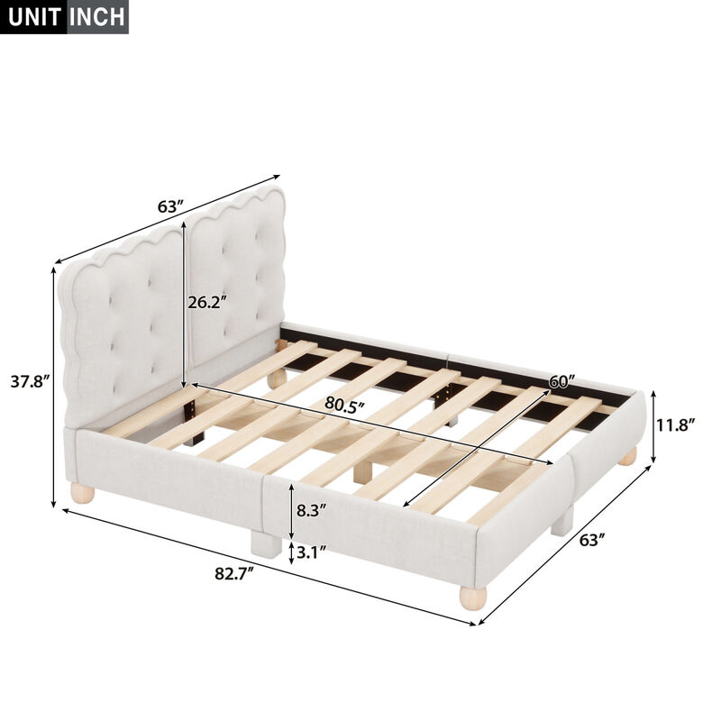 Queen Size Upholstered Platform Bed with Support Legs, Beige