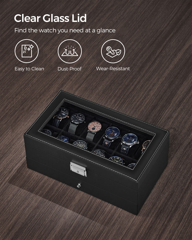 12-Slot Men's Watch Box Jewelry Organizer with Lock and Keys