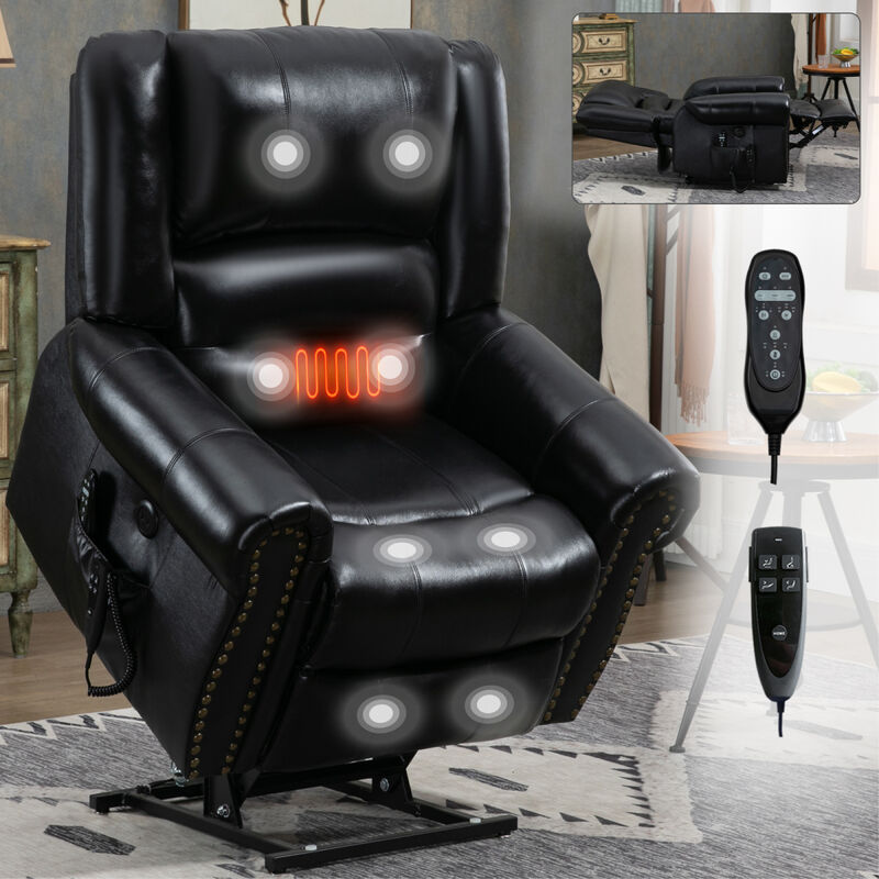 Black Leather Power Lift Recliner with Heat Massage