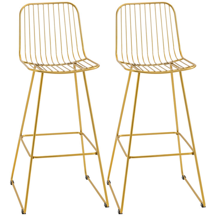 HOMCOM Modern Bar Stools, Metal Wire Bar Height Barstools, 30" Seat Height Bar Chairs for Kitchen with Back and Footrest, Set of 2, Gold