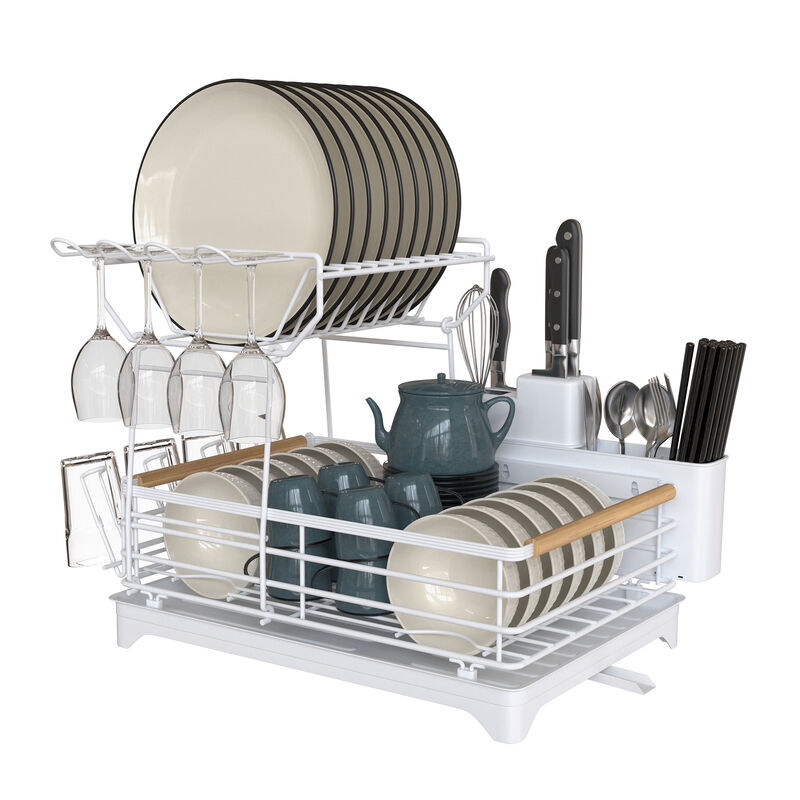 Adjustable Dish Rack With Bamboo Handle White