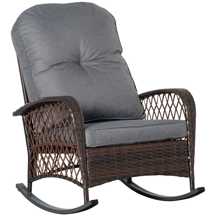 Grey Outdoor Wicker Rocking Chair: Widen Seat, Thickened Cushion, Rattan Rocker with Steel Frame, High Weight Capacity for Garden