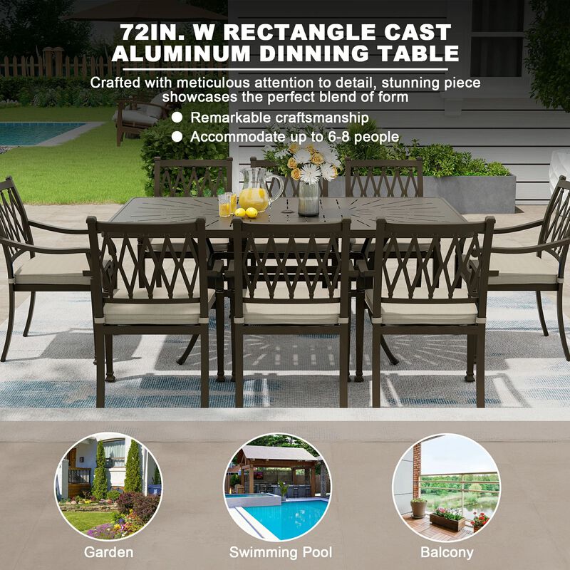 Mondawe 72 in. L x 42 in. W Cast Aluminum Rectangular Outdoor Dining Table with Umbrella Hole