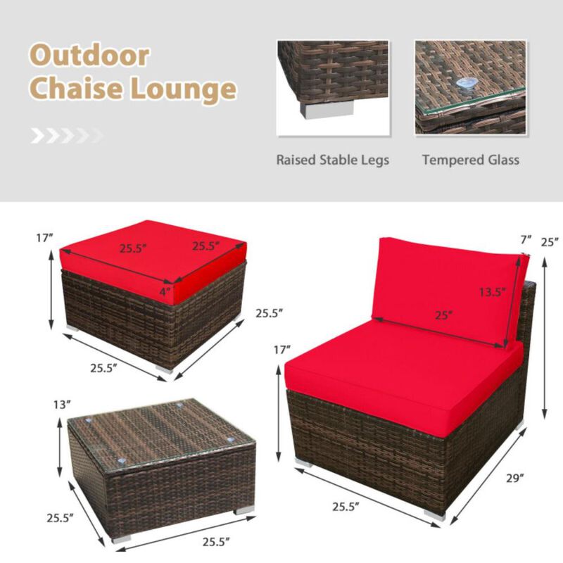 Hivvago 5 Pieces Patio Rattan Furniture Set with Cushioned Armless Sofa-Red