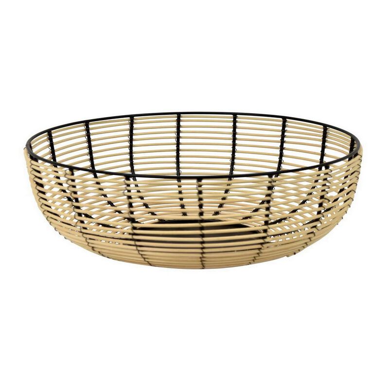 14 Inch Decorative Bowl, Accent Wired Woven Basket, Black, Natural Brown - Benzara