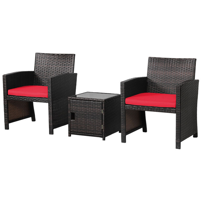 3-Piece Patio Wicker Furniture Set with Storage Table and Protective Cover - Red