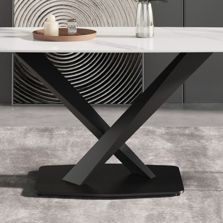 70.87" Modern artificial stone white curved black metal leg dining table-can accommodate 6-8 people