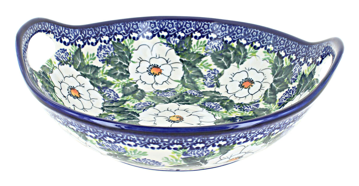 Blue Rose Polish Pottery Christmas Morning Deep Bowl with Handles