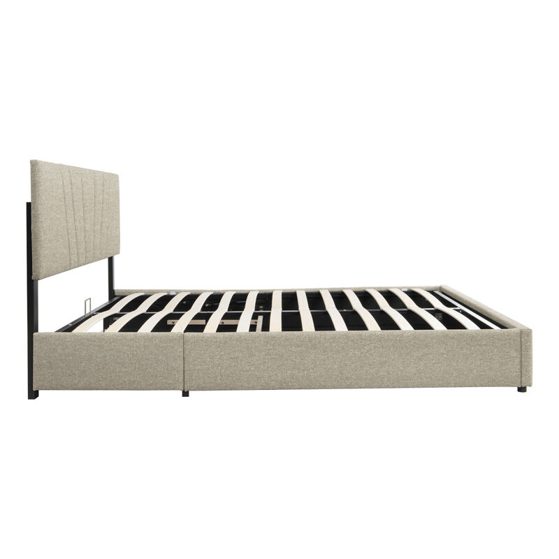 Queen Upholstered Platform Bed with Lifting Storage, Queen Size Bed Frame with Storage and Tufted Headboard, Wooden Queen Platform Bed for Kids Teens Adults, No Box Spring Needed(Queen, Beige)