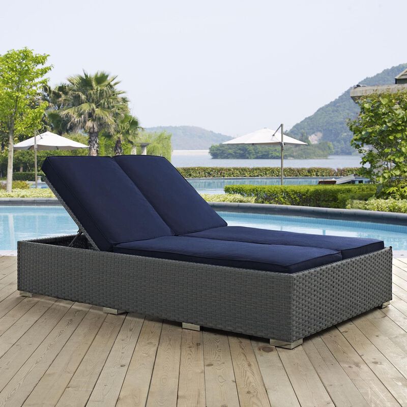 Modway Sojourn Wicker Rattan Outdoor Patio Sunbrella Fabric Double Chaise in Chocolate Navy