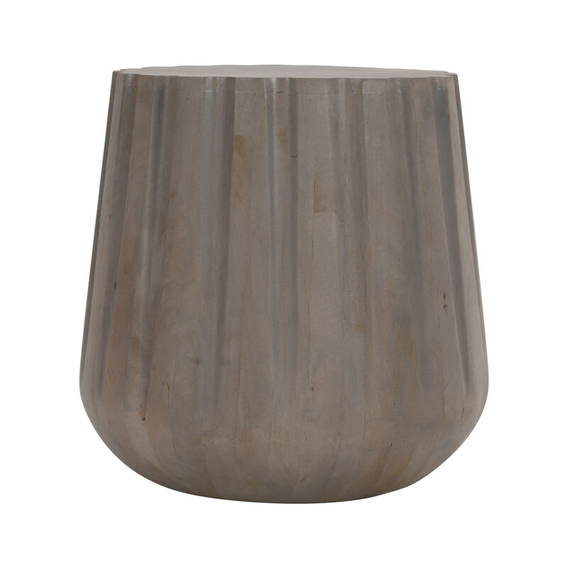 22 Inch Side End Table, Mango Wood Drum Shape with Handcrafted Grooved Edges, Gray