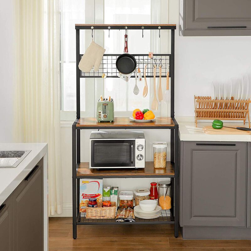 Kitchen Bakers Rack Cupboard with 10 Hooks and 3 Shelves