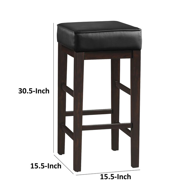 Vin 31 Inch Bar Height Stool, Black Faux Leather Seat, Dark Brown, Set of 2 - Benzara