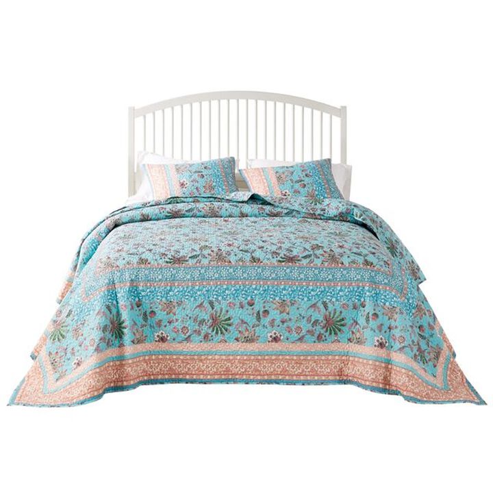 Dill 3pc Queen Bedspread Set, Bohemian Turquoise Floral Microfiber Cotton