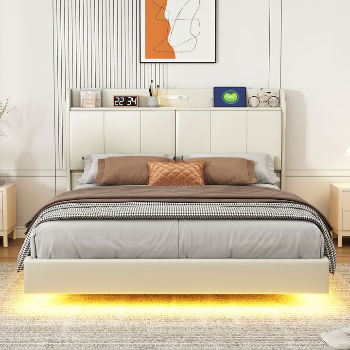 Merax Modern Upholstered Platform Bed with Storage Headboard