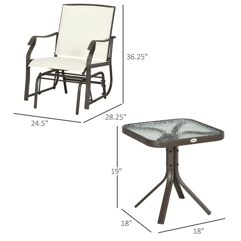 Outsunny 3 Piece Outdoor Glider Chair with Coffee Table Bistro Set, 2 Patio Rocking Swing Chairs with Breathable Sling Fabric, Glass Tabletop, for Backyard, Garden and Porch, Cream White