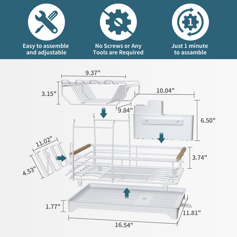 Adjustable Dish Rack With Bamboo Handle White