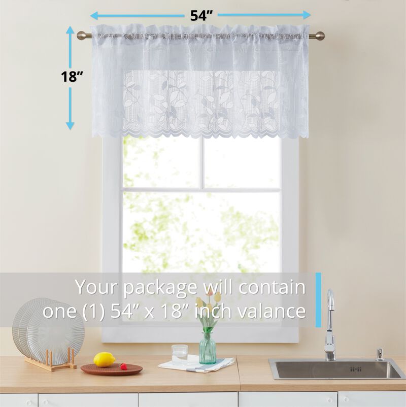 THD Jayce Lace Sheer Kitchen Curtain Valance Topper - Rod Pocket for Small Windows, Bathroom & Kitchen - 54 W x 18 L