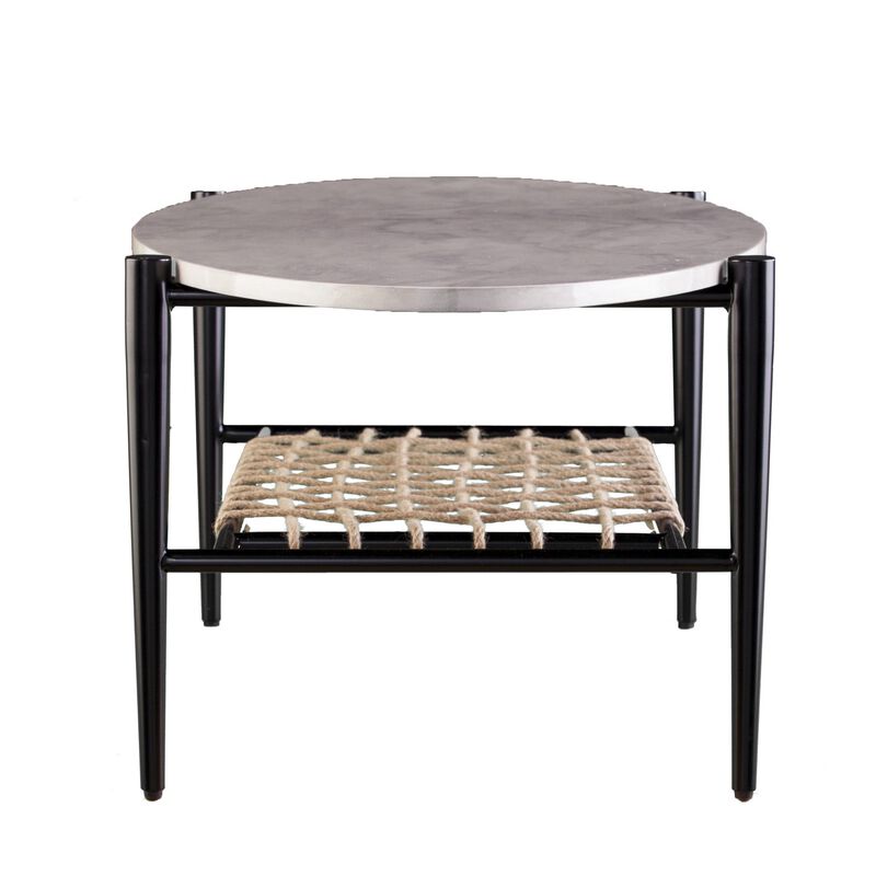 Homezia 52" Black and White Metal and Faux Marble Boho Rope Oval Coffee Table