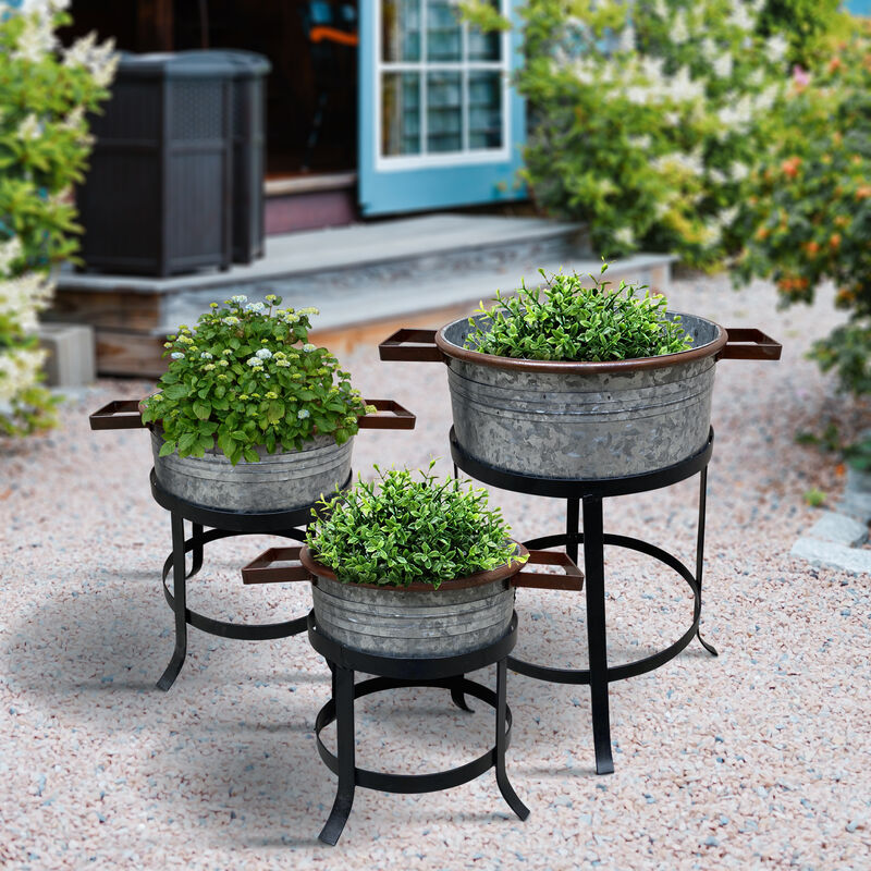 21, 18, and 16 Inch 3 Piece Round Tub Metal Planter Set with Stand in Galvanized Gray and Black Iron-Benzara