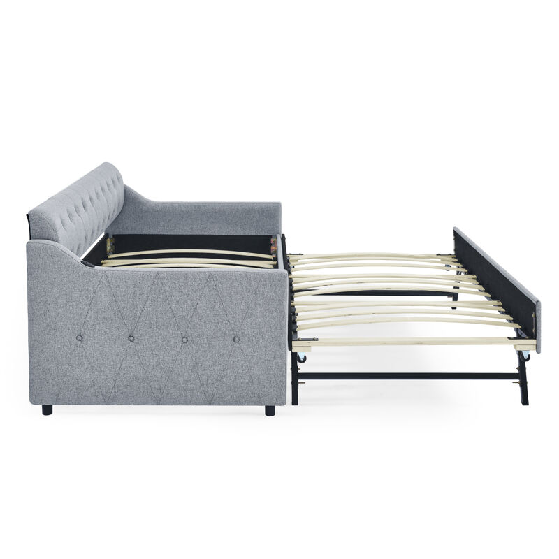 Twin Size Upholstery Day Bed with Twin Size Erectable Trundle and USB Charging Design, Linen Grey