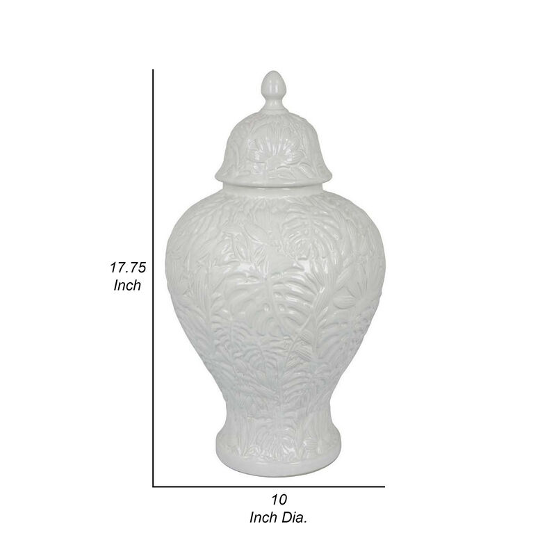 Deni 18 Inch Temple Jar, Embossed Design, Removable Lid, White Finish - Benzara