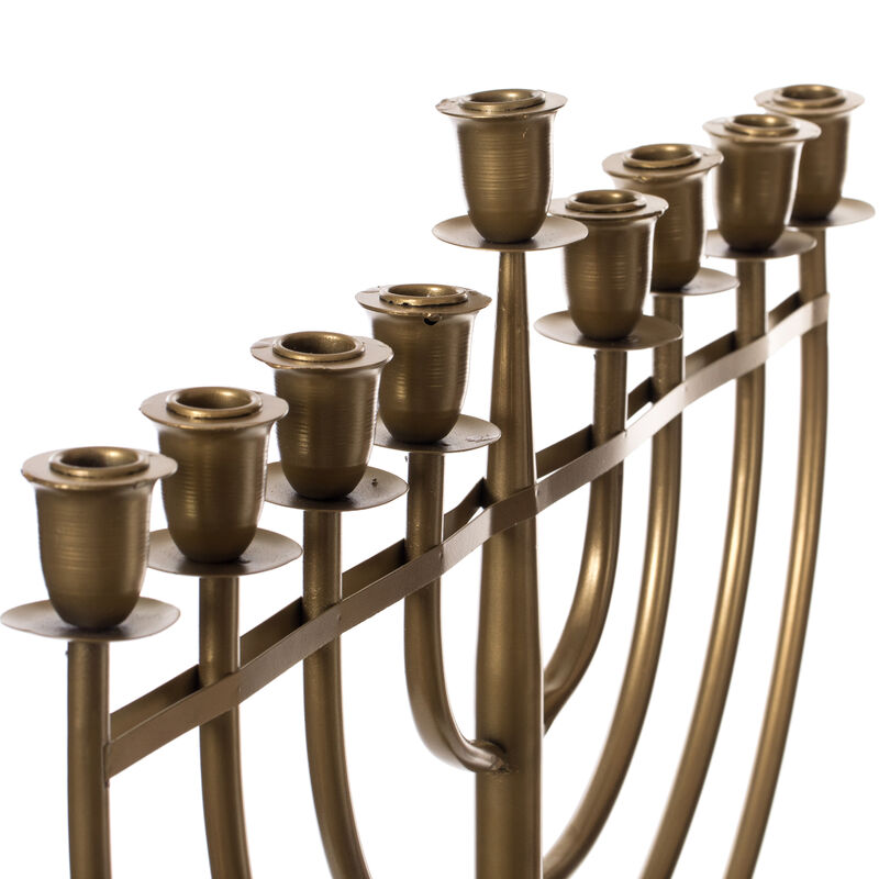 Modern Solid Metal Judaica Hanukkah Menorah 9 Branched Candelabra, Gold Medium