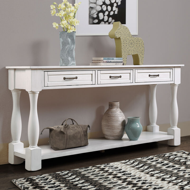 63 inch Long Wood Console Table with 3 Drawers and 1 Bottom Shelf for Entryway Hallway Easy Assembly Extra-thick Sofa Table (Antique White)