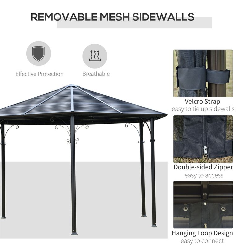 Black Outdoor Pavilion: 13'x13' Steel Hexagonal Gazebo with Netting