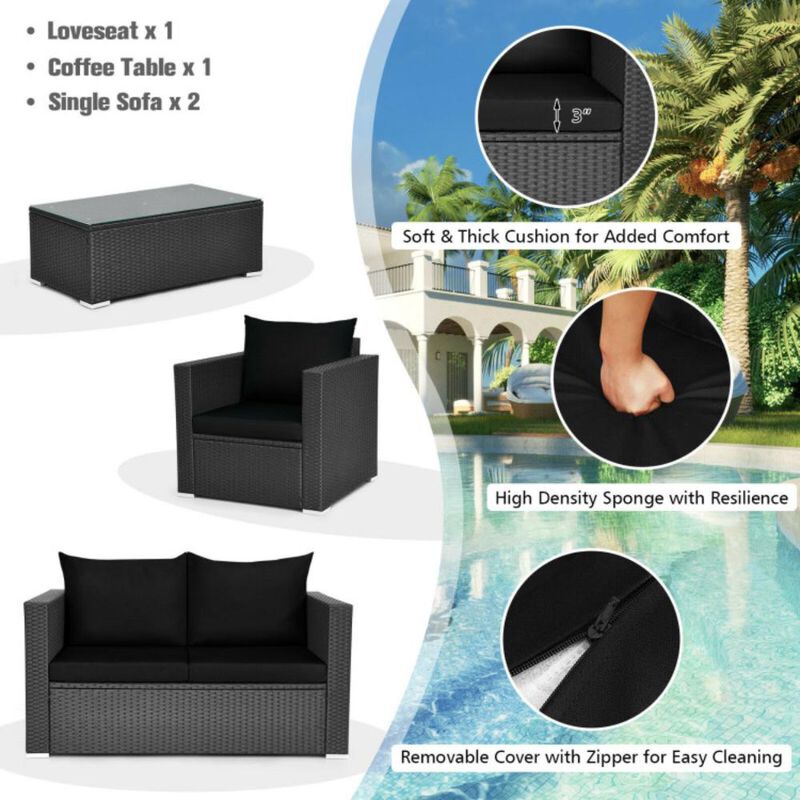 Hivvago 4 Pieces Patio Rattan Conversation Set with Padded Cushions