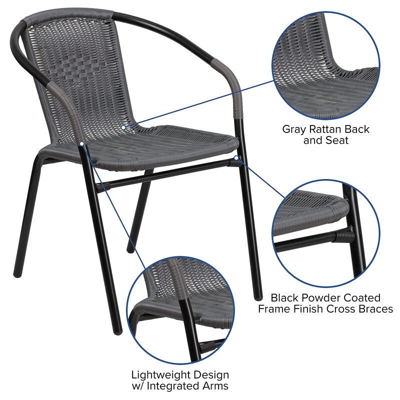 Flash Furniture Lila 2 Pack Gray Rattan Indoor-Outdoor Restaurant Stack Chair