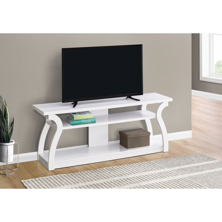 Monarch Specialties I 2665 Tv Stand, 60 Inch, Console, Media Entertainment Center, Storage Shelves, Living Room, Bedroom, Laminate, White, Contemporary, Modern