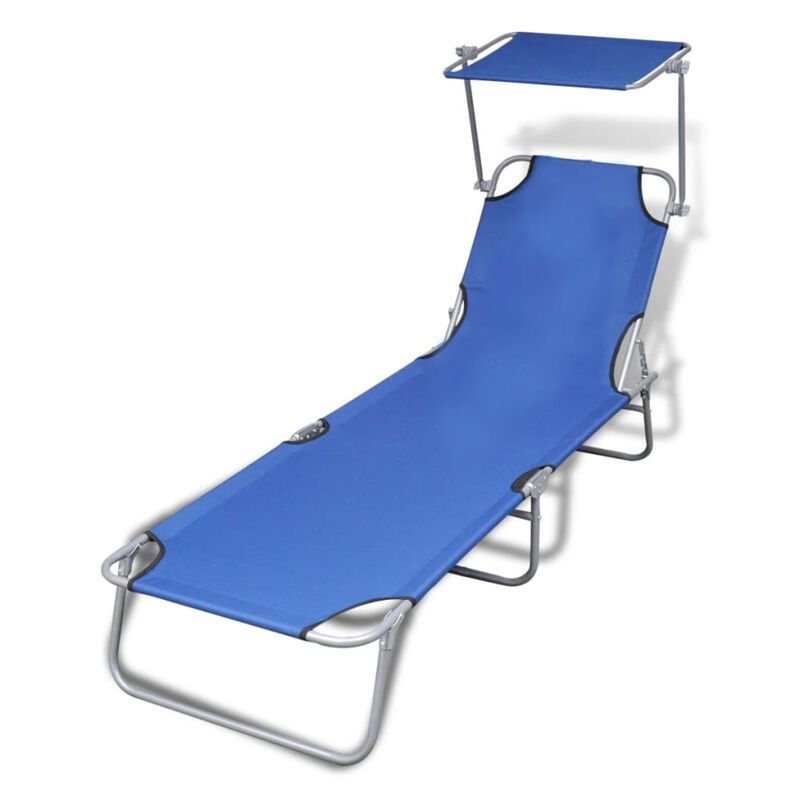 vidaXL Folding Sun Lounger with Canopy Steel and Fabric Blue