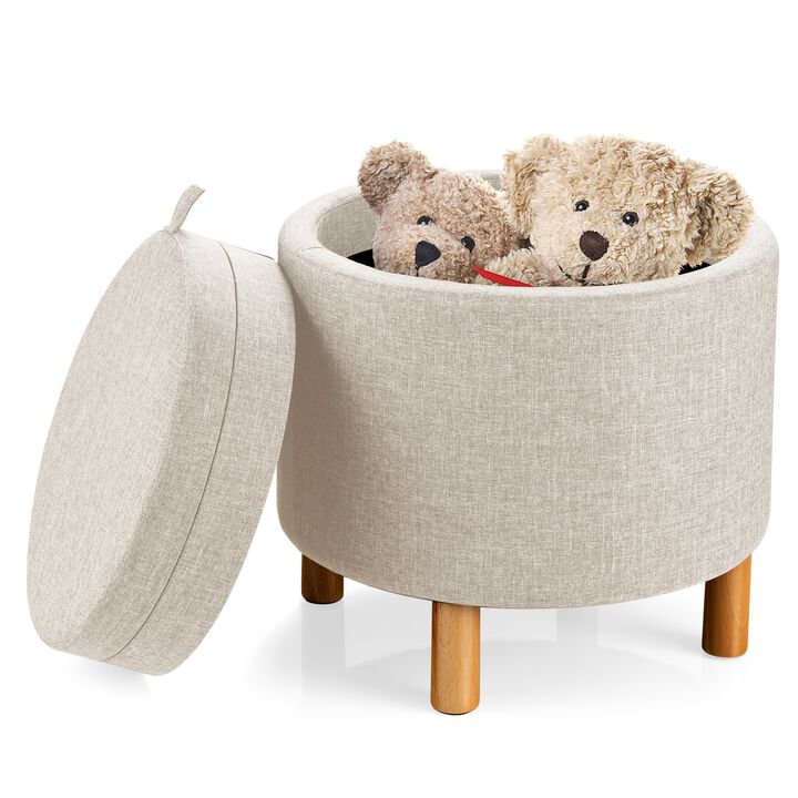 Round Fabric Storage Ottoman with Tray and Non-Slip Pads for Bedroom