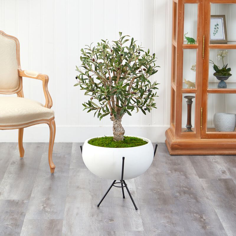 HomPlanti 3 Feet Olive Artificial Tree in White Planter with Metal Stand