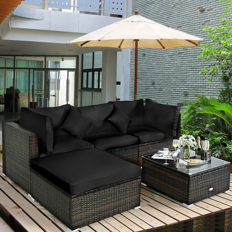 5 Pcs Outdoor Patio Rattan Furniture Set Sectional Conversation with Navy Cushions