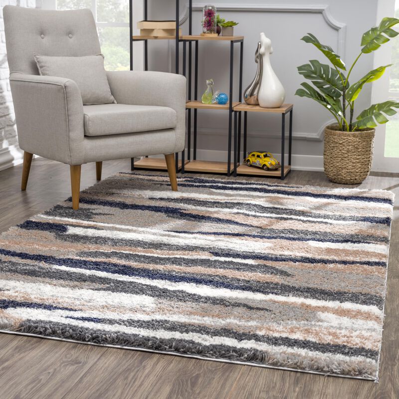 Retro Contemporary Geometric Shag Beige Blue Indoor Area Rug