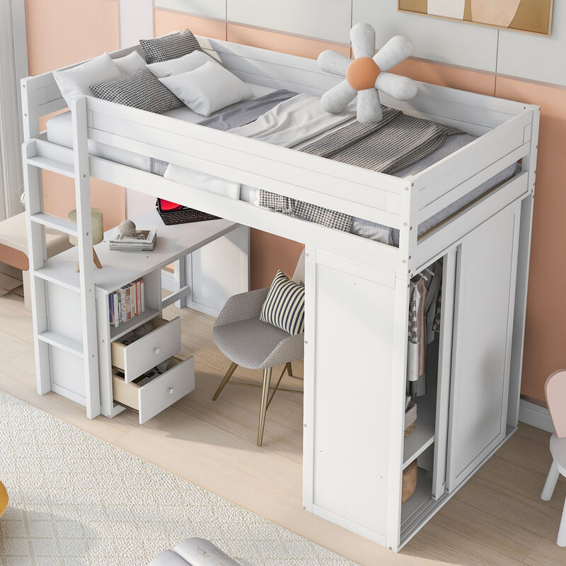 Merax Wood  Loft Bed with Wardrobes and  Cabinet