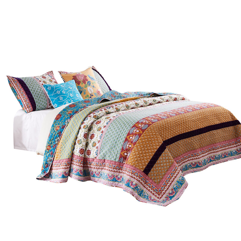 Sama 5 Piece Reversible King Quilt Set, Floral Print Patterns, Multicolor - Benzara