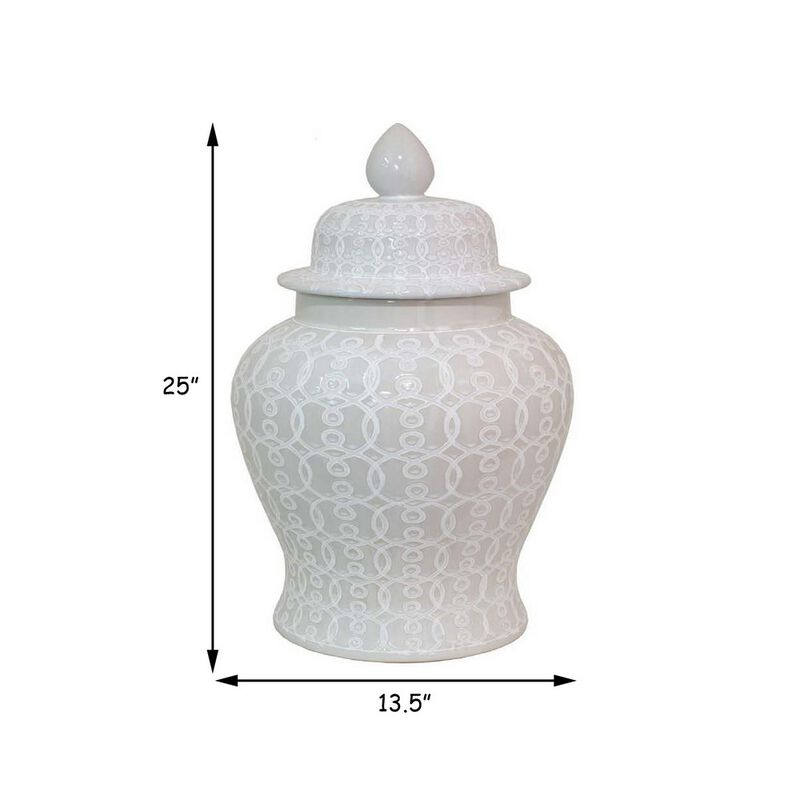 25 Inch Pierced Temple Jar, Carved Out Details, Dome Lid, White Ceramic - Benzara