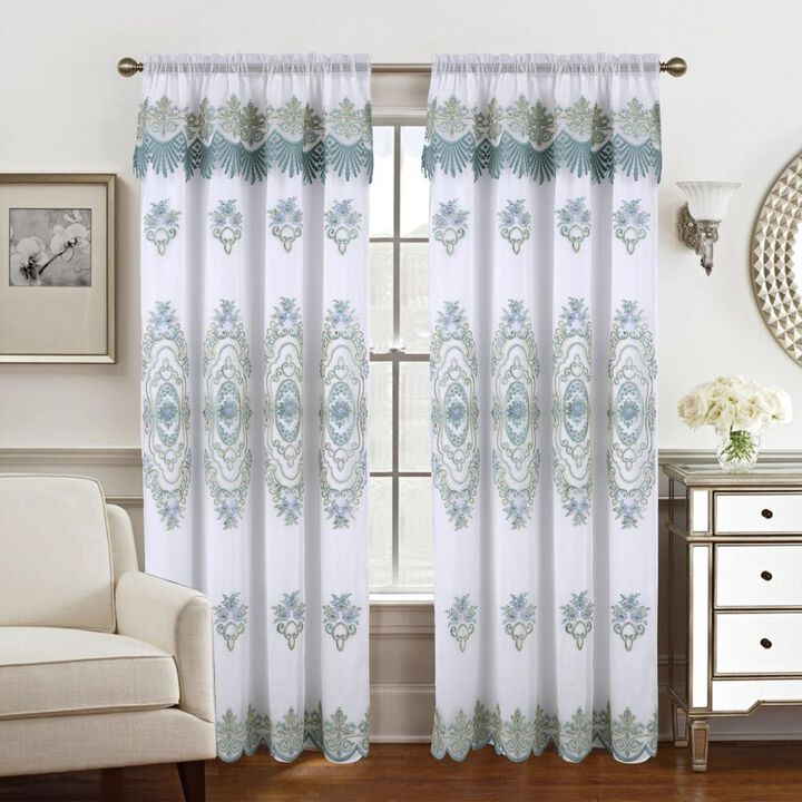 RT Designers Collection Dayton Emb Attached Valance Backing Blackout Window Curtains 50" x 84" White/Teal