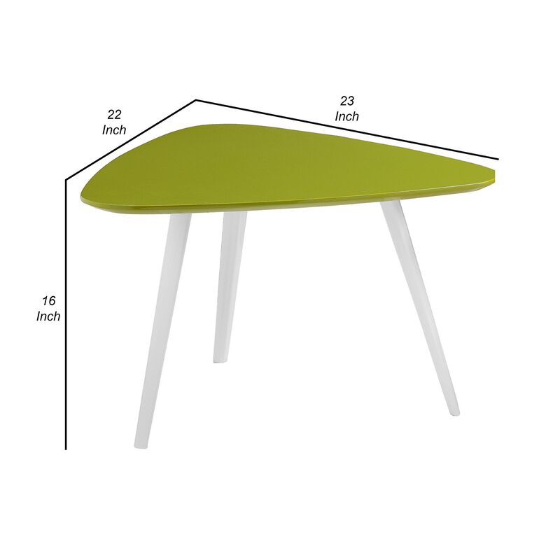 23 Inch Accent Table, Triangular Top, Green Lacquer Top and White Legs - Benzara