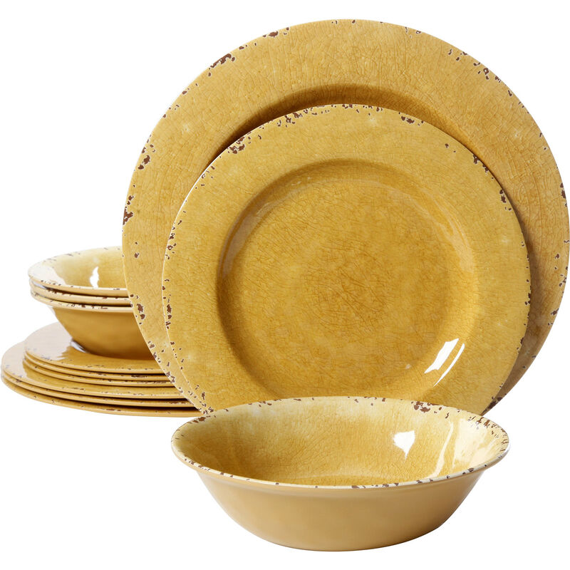 Studio California Melamine Mauna 12-Piece Dinnerware Set in Yellow Crackle Look Decal