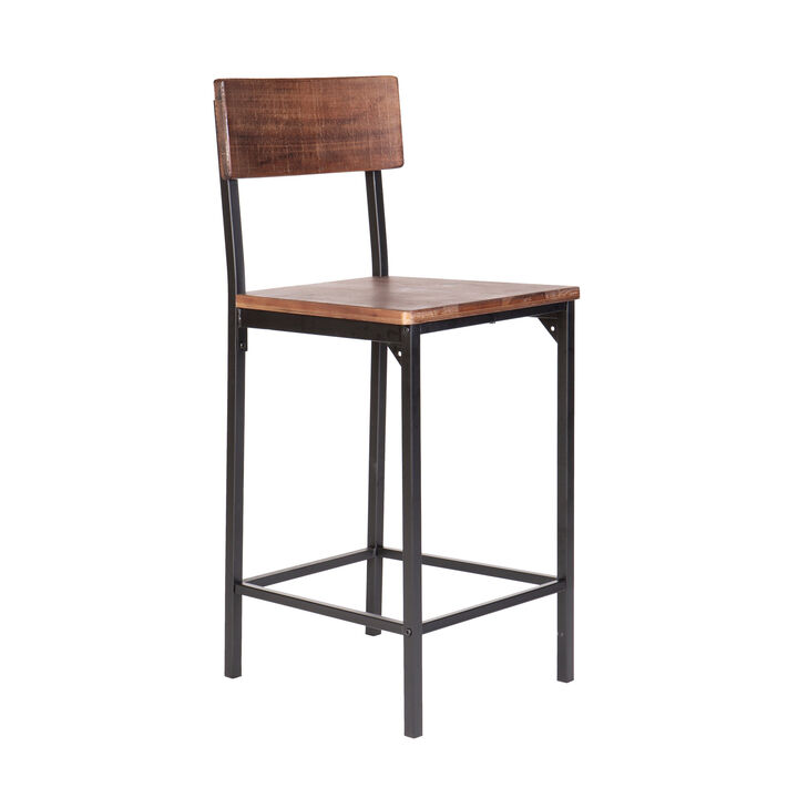 25 Inch Counter Stool Chair, Brown Wood Seat and Back, Black Metal Legs - Benzara