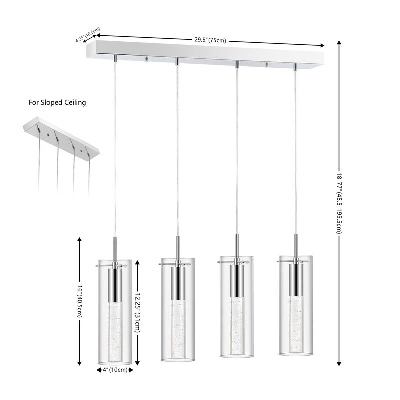 Mium 29.5" 4-Light Modern Style Iron/Crystal/Glass Integrated LED Linear Pendant, Chrome