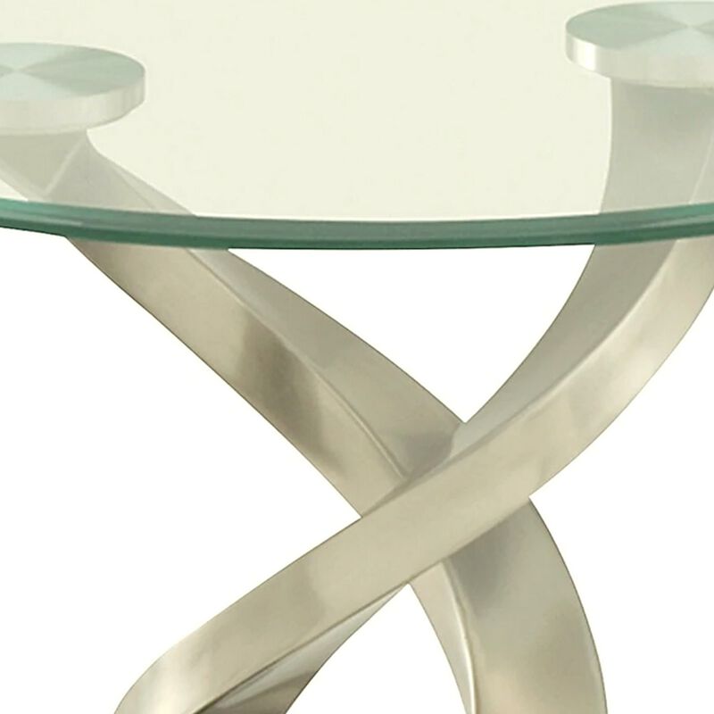 Modern Round Glass Top End Table with Twisted Metal Base, Silver and Black-Benzara