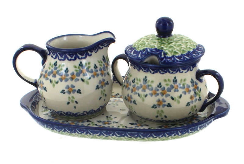 Blue Rose Polish Pottery Red Poppy Sugar & Creamer with Tray